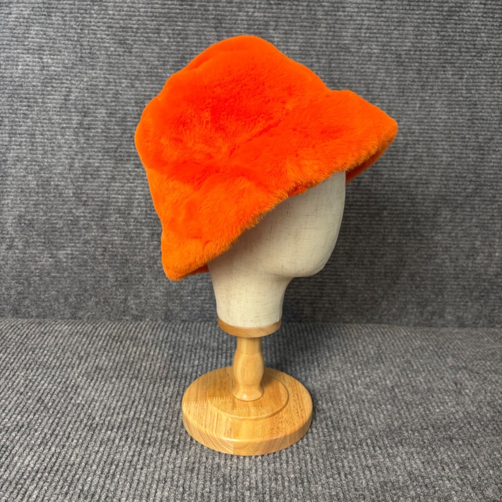 Orange Faux Fur Bucket Hat Plush Fuzzy Soft Winter Festival Statement One Size - Picture 1 of 3